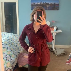synched burgundy trench coat